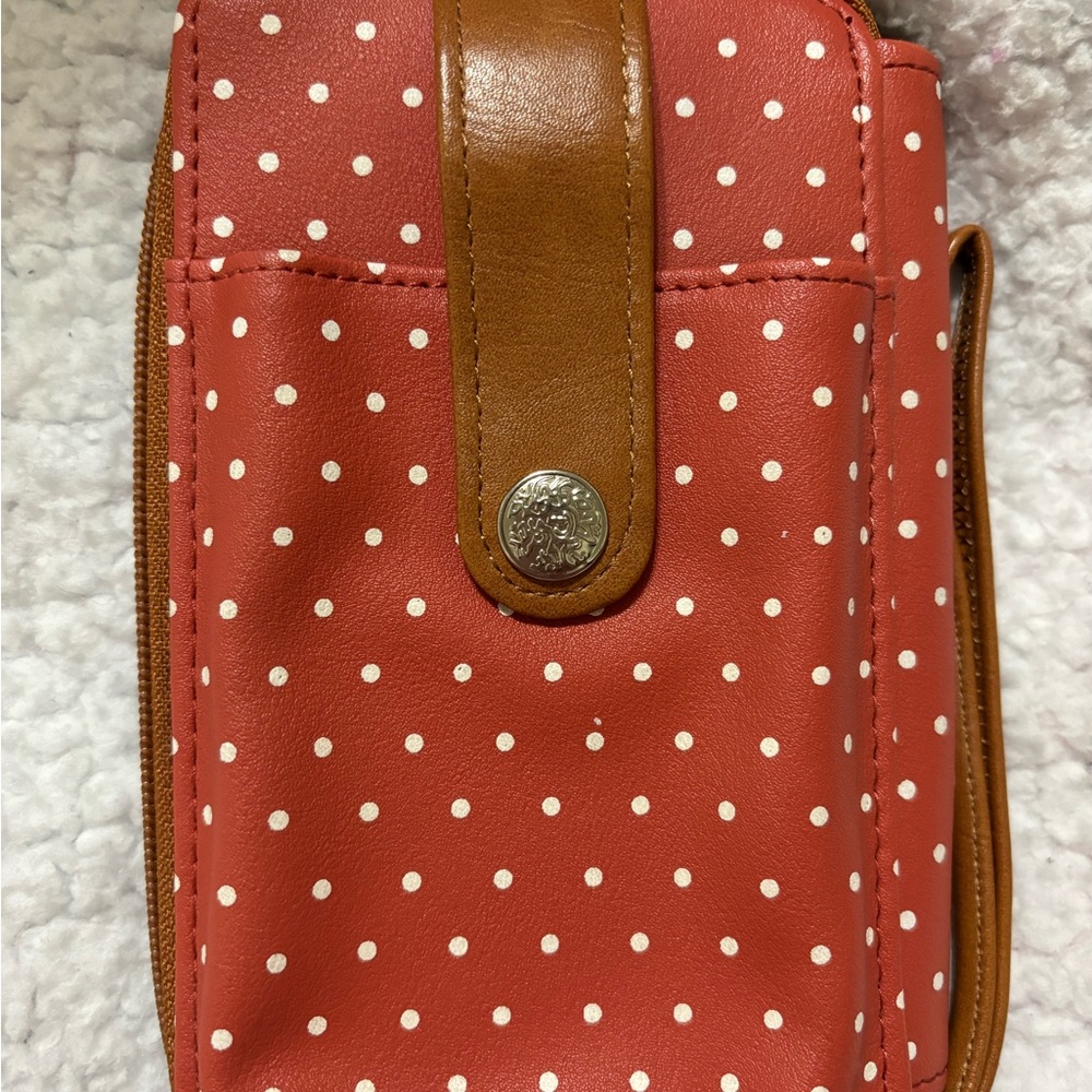 NWOT RFID Polka Dot Crossbody/Wristlet Red with Tan Trim